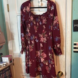 Xhilaration Burgundy Floral Long Sleeve Dress Size XXL